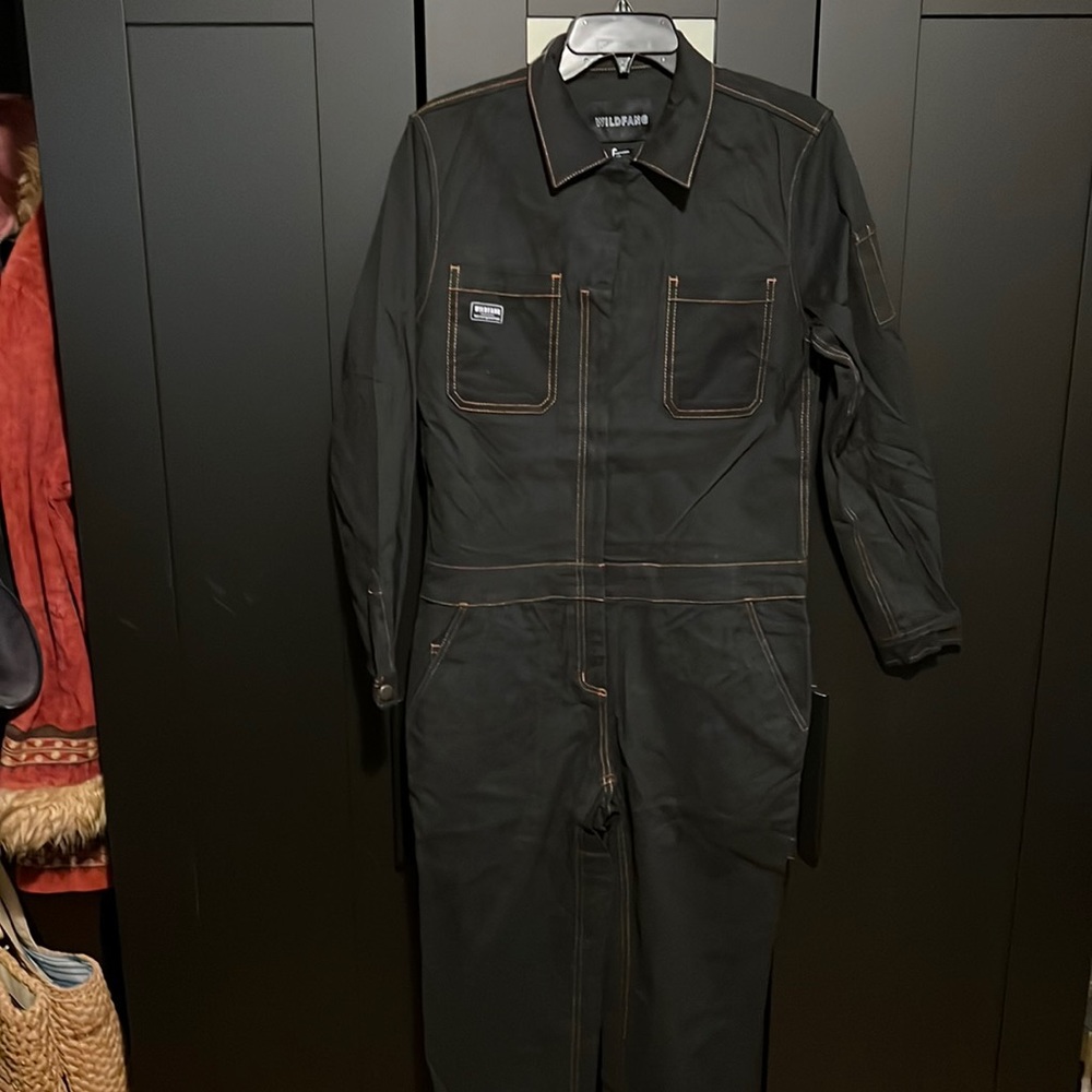 Wildfang Black Jumpsuit with Brown Stitching